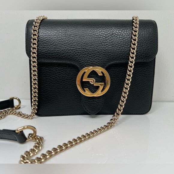 GUCCI Dollar Calfskin Small Interlocking G Shoulder Bag Black - Picture 1 of 11